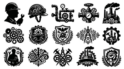 Obraz premium Industrial and Engineering Vector Glyphs Set: Manufacturing, Labor, Tools, and Factory Silhouettes Collection