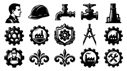 Obraz premium Monochrome Industrial Engineering and Manufacturing Vector Icons Set: Gears, Factories, Tools Worker Glyphs
