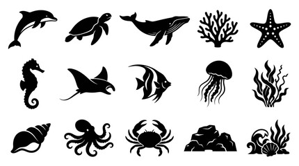 Obraz premium Black White Marine Life Icons: Dolphin, Turtle, Whale, Seahorse, Fish, Jellyfish, Octopus, Crab, Seashell