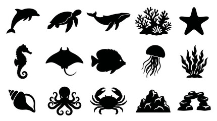 Obraz premium Ocean Wildlife Icons Set - Black White Vector Graphics for Marine Themes