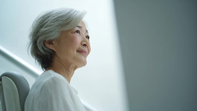 Peaceful senior Asian woman smiling gently in bright airy minimalist home setting