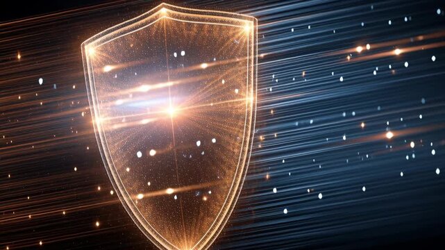 Glowing golden shield emblem with dynamic motion lines in tech security concept
