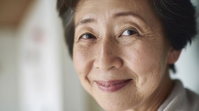 Close up portrait of elderly Asian woman smiling warmly with kind expressive eyes