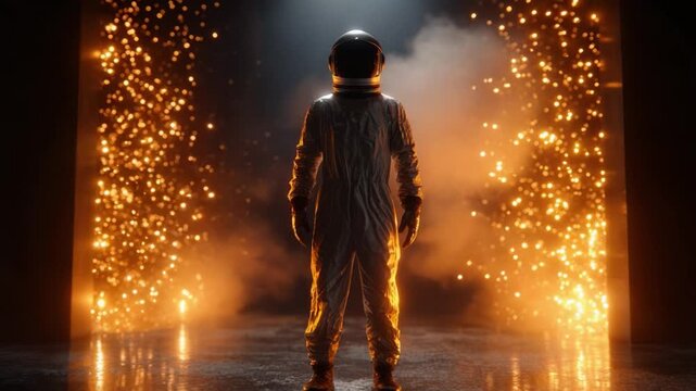 An astronaut stands boldly amidst a dazzling display of sparks and lights, embodying the spirit of exploration in a stunning visual moment captured in the video.