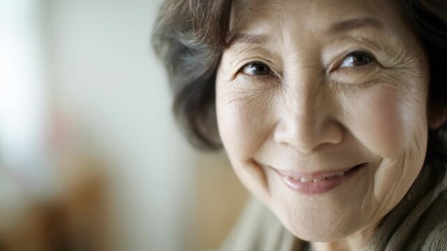 Beautiful elderly Asian woman smiling warmly in tender heartfelt close up portrait