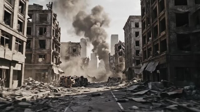 A devastating scene displays urban structures crumbling under heavy aerial bombardment while thick black smoke billows into the sky above a desolate street filled with debris and wreckage after