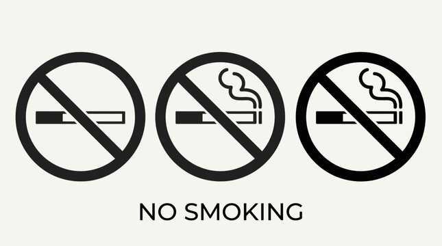 Three &ldquo;No Smoking&rdquo; prohibition icons with cigarettes crossed out, minimalist circular signs, public health awareness, restriction design, bold graphic clarity.