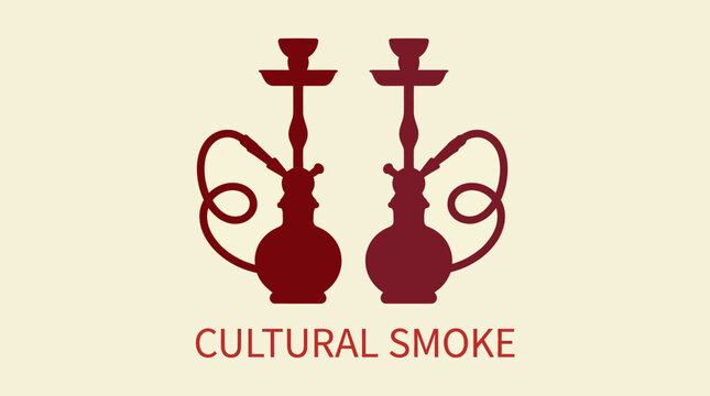 Minimalist twin hookah silhouettes in dark red on beige background, cultural smoking iconography, elegant symmetrical design, traditional social gathering theme.