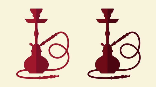 Minimalist twin hookah silhouettes in dark red on beige background, cultural smoking iconography, elegant symmetrical design, traditional social gathering theme.