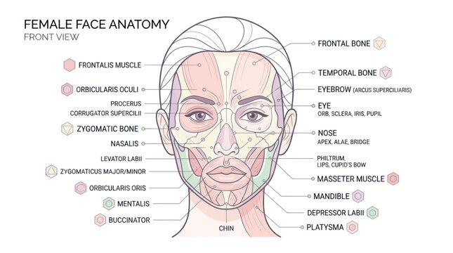 Female Face Anatomy Diagram - Front View with Muscle and Bone Labels