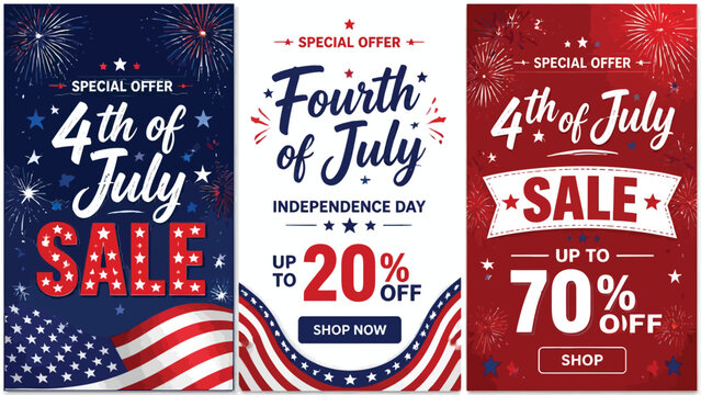 Patriotic 4th of july sale banners with fireworks and american flags