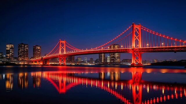 Red illuminated bridge at night with city skyline