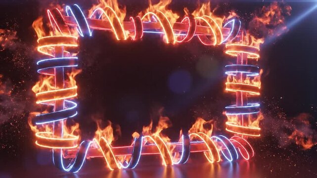 Abstract glowing frame with flames and light beams against dark background