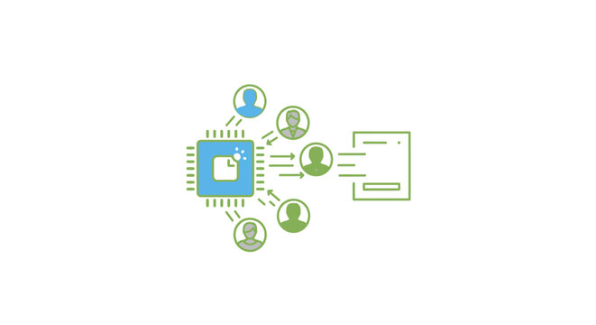 A digital illustration showing a central processor connecting to multiple user icons