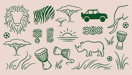 Wildlife savanna journey, exotic safari vehicle, green nature scenery, minimalist animal sketch, clean safari illustration, modern travel drawing, isolated safari vector, premium adventure background  © Geetaroy