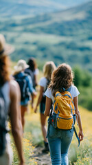 Fototapeta premium Defocused faceless group of female friends hiking uphill together with scenic valley views, soft focus hiking activity, mountain terrain, blurred background, landscape