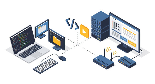 An isometric illustration showing a computer network and software development setup