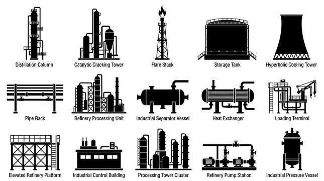 Industrial Oil Refinery Equipment Icons, Black  White Vector Illustrations