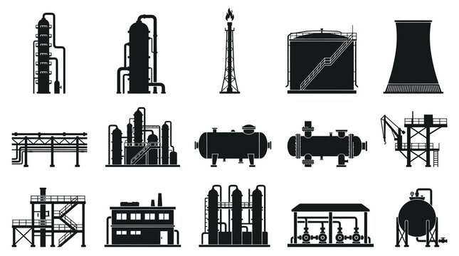 Industrial Oil and Gas Refinery Equipment Black and White Icons Set