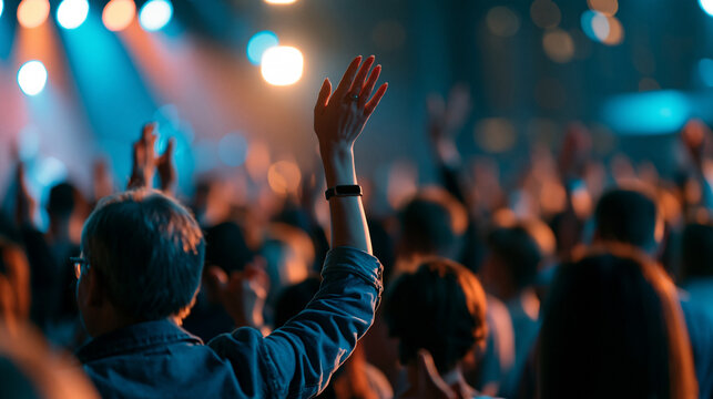 Faceless group enjoying live comedy show or stand-up performance during nightclub party, entertainment show, humor element, live performance, with copy space