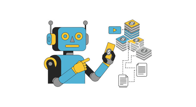 A blue robot manages digital financial assets and data on a white background