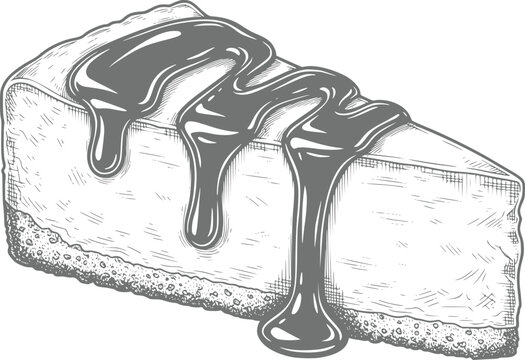 A hand-drawn of a delicious slice of cheesecake topped with rich chocolate sauce drizzle