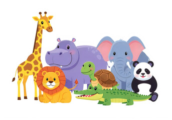 Naklejka premium Cute pixel art set of wild safari animals including a giraffe lion hippo elephant turtle crocodile and panda bear