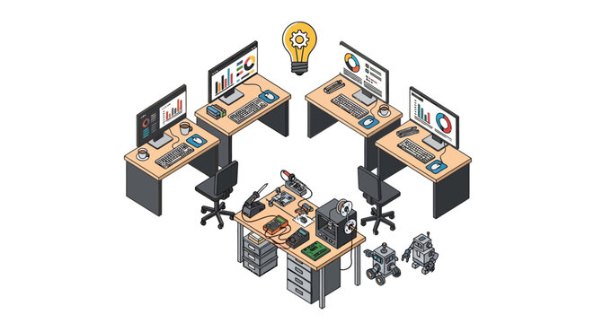 An isometric view of a modern collaborative workspace with computers and electronics