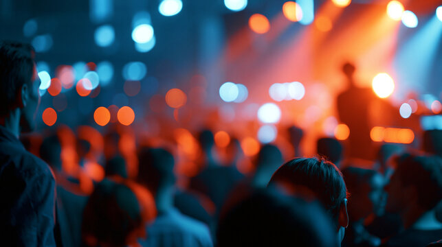 Defocused faceless crowd during guest DJ performance and special appearance at nightclub, soft focus musical moment, featured artist, blurred audience, with copy space