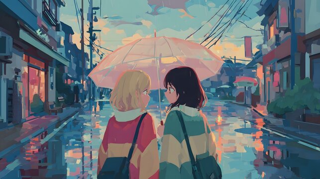 Adorable friendship digital art of two girls sharing one umbrella on a rainy street, puddle reflections, oversized sweaters, soft pastel tones.