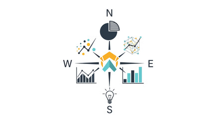 A conceptual compass design featuring various business data analysis icons © samuel