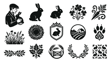 Fototapeta premium Black and White Vector Icons of Rabbits, Farm, and Nature Elements