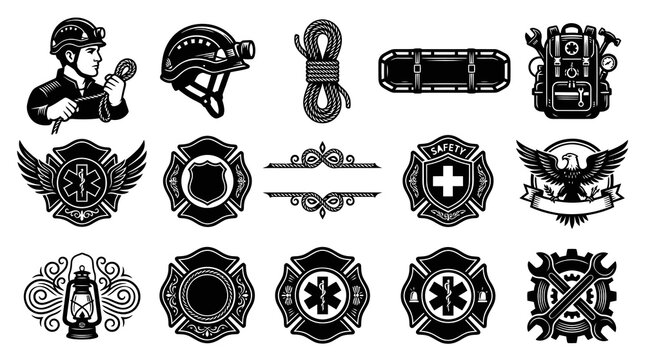 Vintage Black and White Rescue and Emergency Services Emblems Set with Firefighter, EMS, and Industrial Safety Tools
