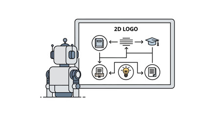 A small robot stands before a digital screen displaying educational flow chart icons © cebong