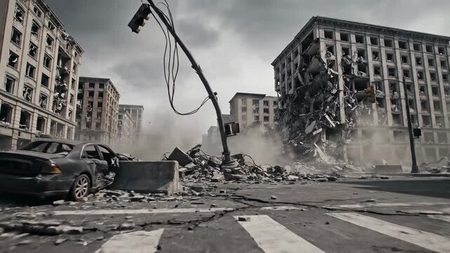 A devastating urban scene shows buildings crumbling into ruin during a catastrophic explosion while debris fills the smoke saturated street where a damaged vehicle sits abandoned within