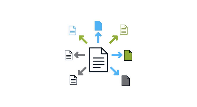 A central document icon distributing information to multiple smaller file icons
