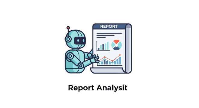 A small mechanical robot presenting a digital business report on a screen