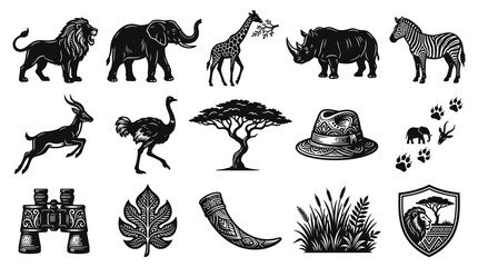Naklejka premium African Safari Wildlife and Travel Icons Collection in Detailed Black and White Vintage Engraving Style