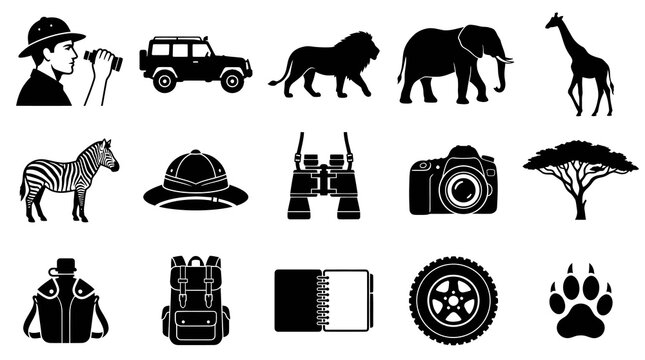 Safari Wildlife Adventure Icons Set. Black Glyph Silhouettes of Animals, Gear  Nature Elements.