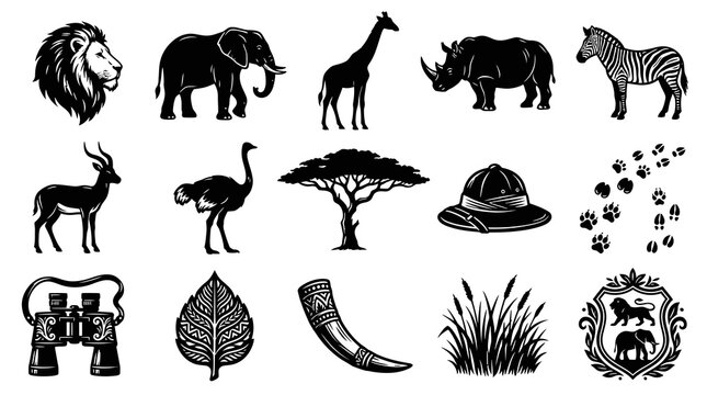 African Safari Wildlife Vector Icons Set. Black  White Animals  Nature Silhouettes.