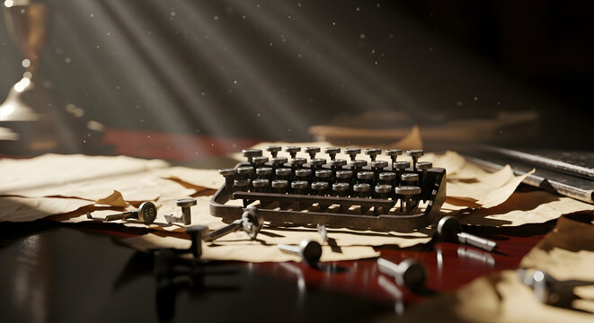 Close up of antique typewriter keys and detached parts scattered on desk with cinematic sunbeams and dusty atmosphere.