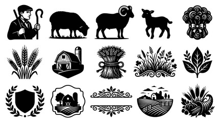 Obraz premium Black White Farm Icons: Shepherd, Sheep, Barn, Wheat, Harvest, Nature