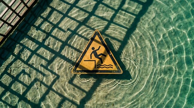 Warning Sign for Drowning Risk Submerged in Clear Shallow Water