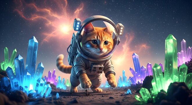 Astronaut cat exploring cosmic landscape surrounded by colorful crystals
