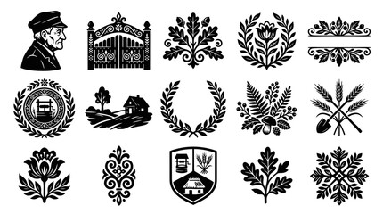 Obraz premium Black and White Retro Vintage Countryside Farm Icons Set