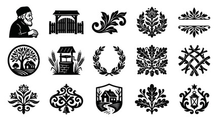 Obraz premium Vintage Rustic Nature Heritage Icons Ornaments Collection. Black White Glyph Vector Illustrations