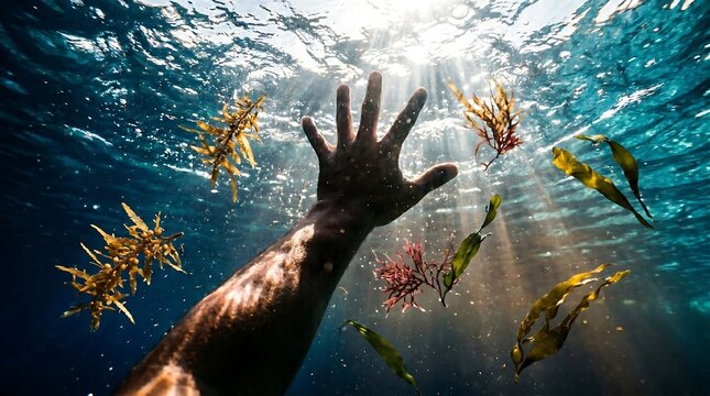 Hand reaching towards water surface with sunlight and seaweed