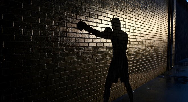 Male silhouette shadow boxing against wet brick wall in dark urban alley with bright spotlight and rainy city atmosphere.