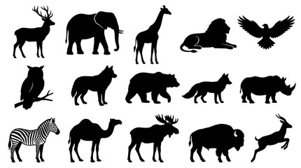 Naklejka premium Collection of Various Wild Animals Silhouettes, Black Vector Icons Set for Wildlife and Nature Design