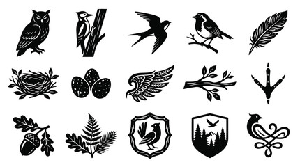 Fototapeta premium Black White Vector Icons of Birds, Feathers, Nests, Eggs, and Nature Elements